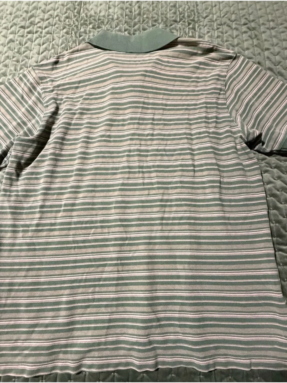 L.L. Bean striped polo shirt short-sleeved green, white, tan‎ 100% cotton, large